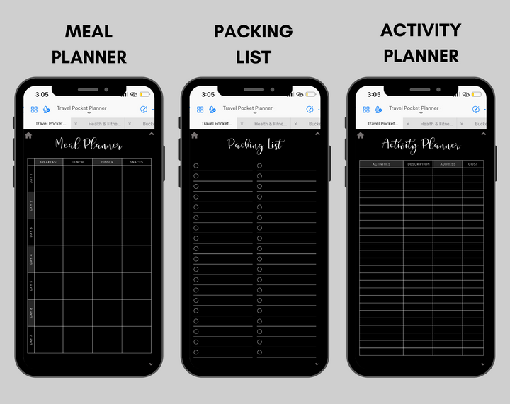 Digital Travel Phone Planner Dark Mode