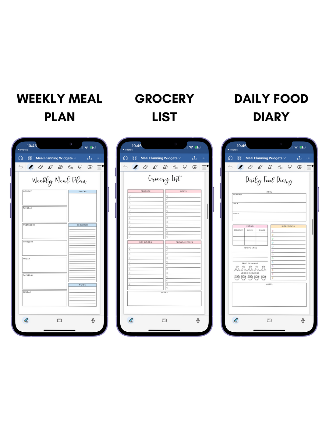 Digital Phone Planner Meal Planner Widgets