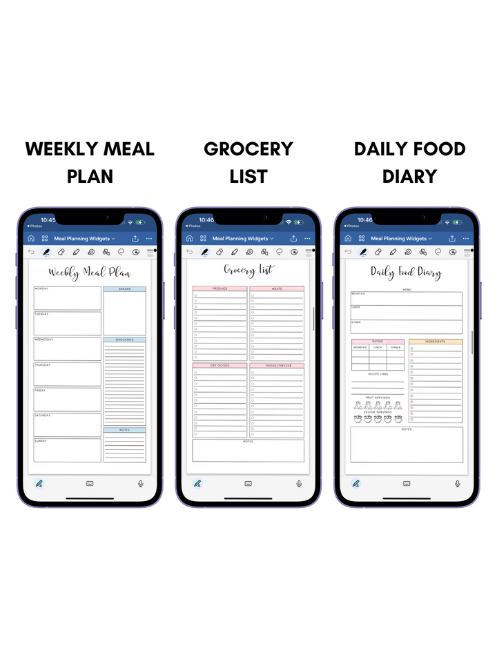 Digital Phone Planner Meal Planner Widgets