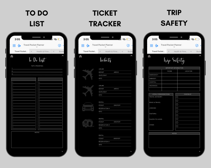 Digital Travel Phone Planner Dark Mode