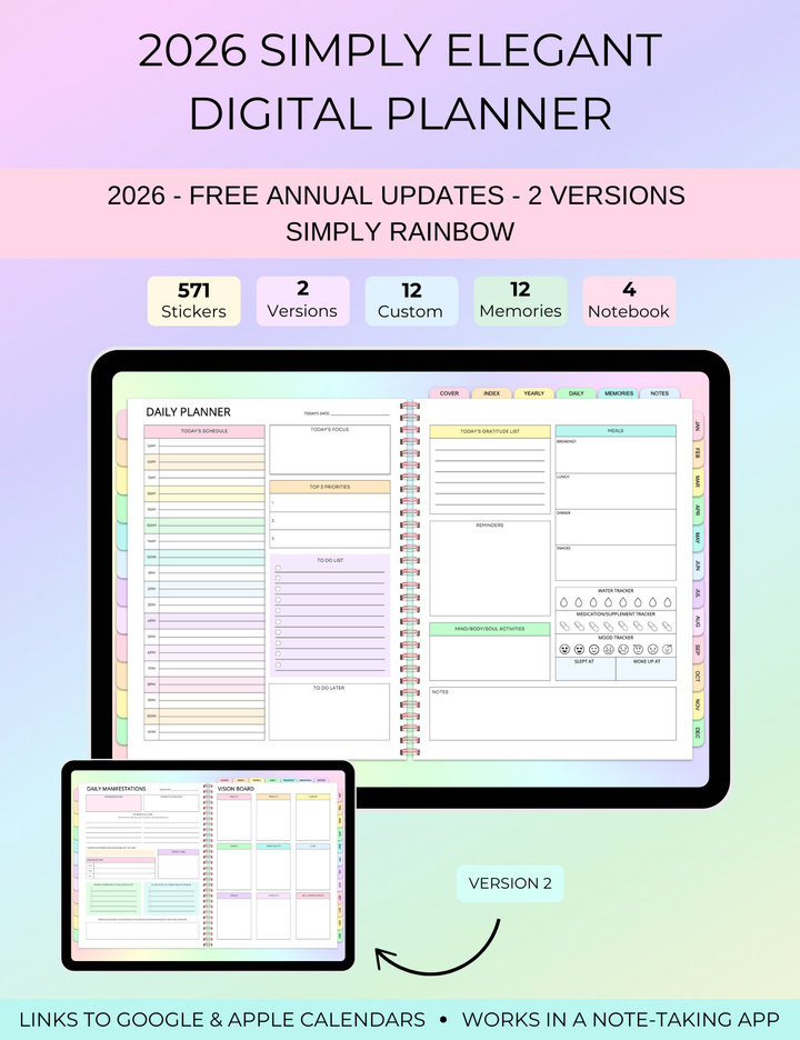 2026 Simply Elegant Digital Planner in Rainbow