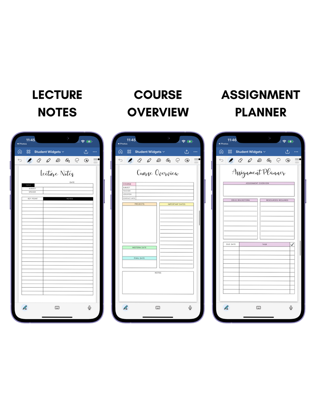 Digital Phone Planner Student Widgets